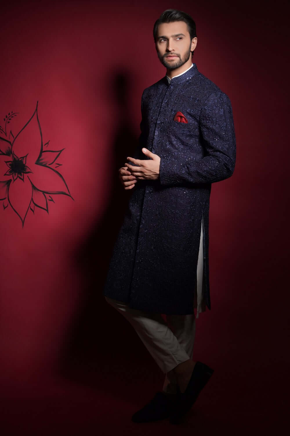 Midnight Blue Persian Embroidered Silk-Blend Sherwani (2-Piece) - Image 3