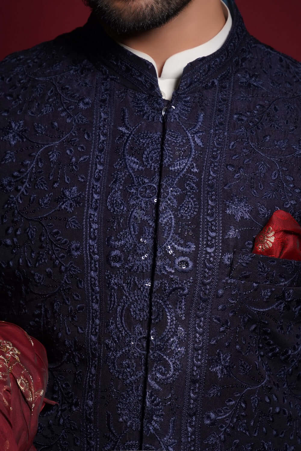 Midnight Blue Persian Embroidered Silk-Blend Sherwani (2-Piece) - Image 5