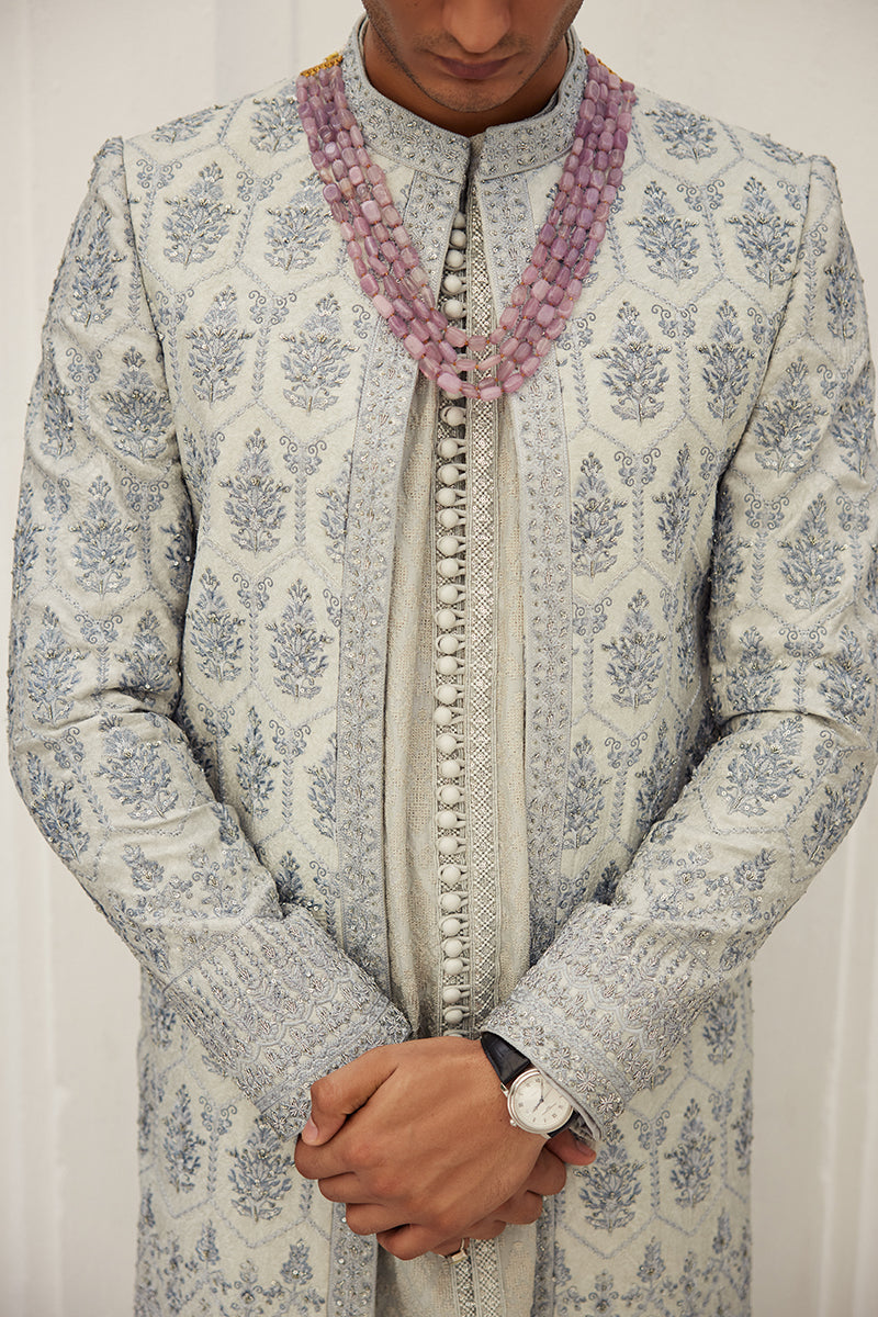 Ice Blue Adda Work Silk Jamawar Sherwani (2-Piece) - Image 1