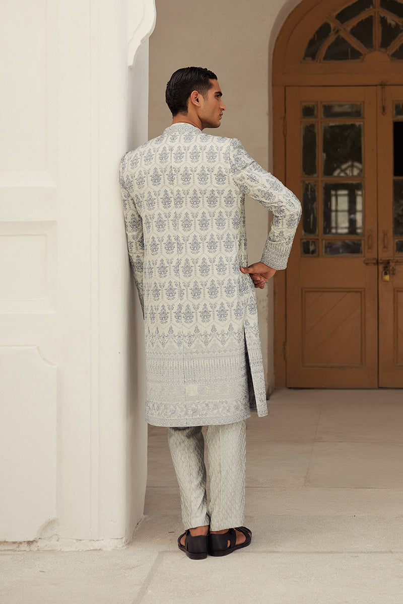 Ice Blue Adda Work Silk Jamawar Sherwani (2-Piece) - Image 4