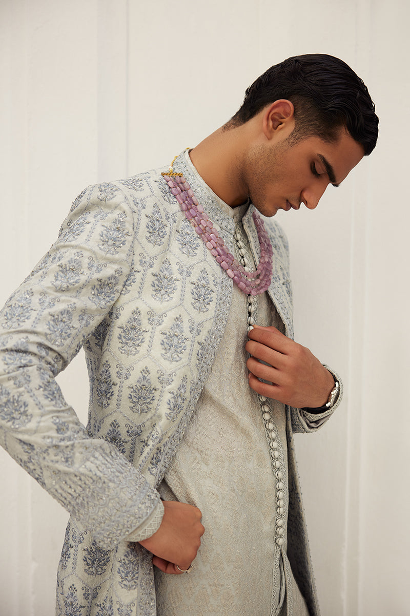 Ice Blue Adda Work Silk Jamawar Sherwani (2-Piece) - Image 5