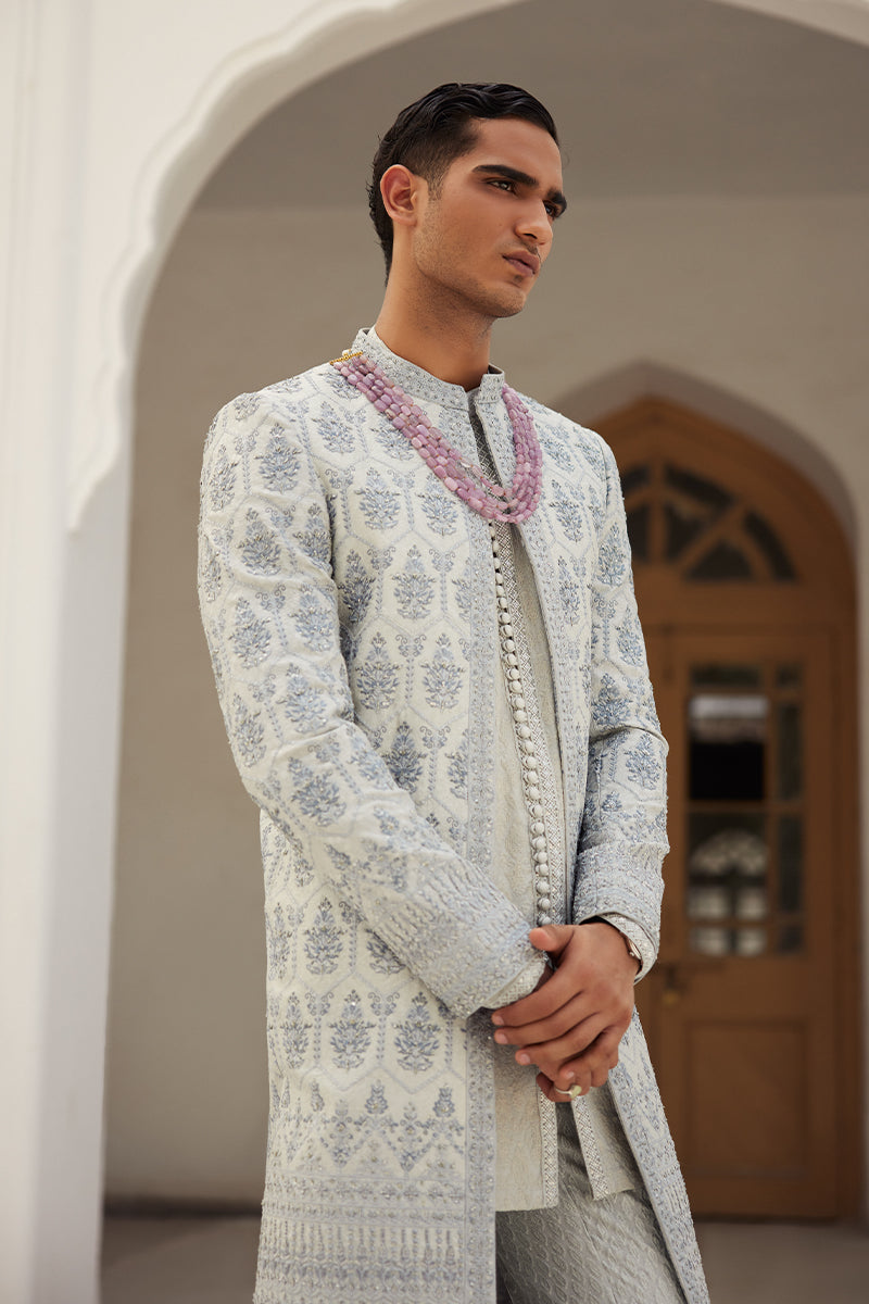 Ice Blue Adda Work Silk Jamawar Sherwani (2-Piece) - Image 6