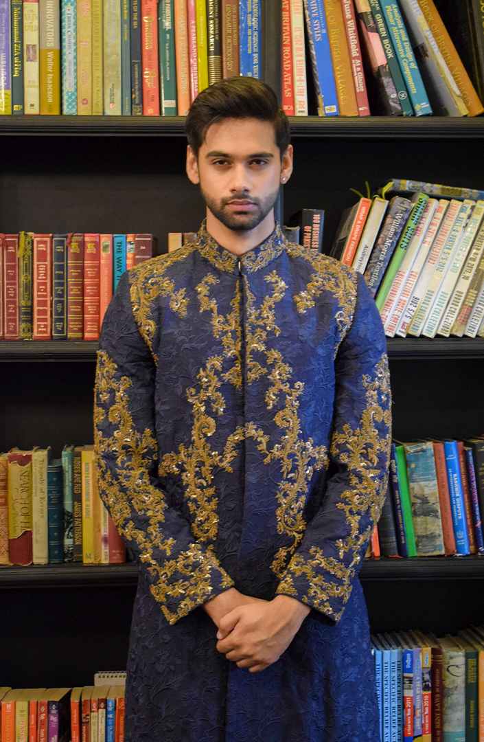 Midnight Blue Embroidered Silk Sherwani (3-Piece) - Image 1