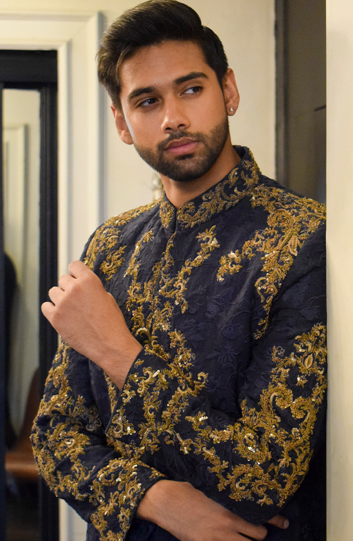 Midnight Blue Embroidered Silk Sherwani (3-Piece) - Image 2