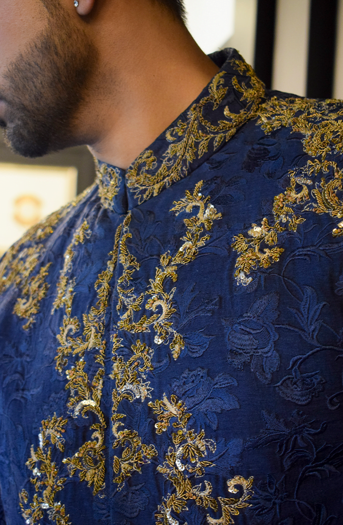 Midnight Blue Embroidered Silk Sherwani (3-Piece) - Image 4