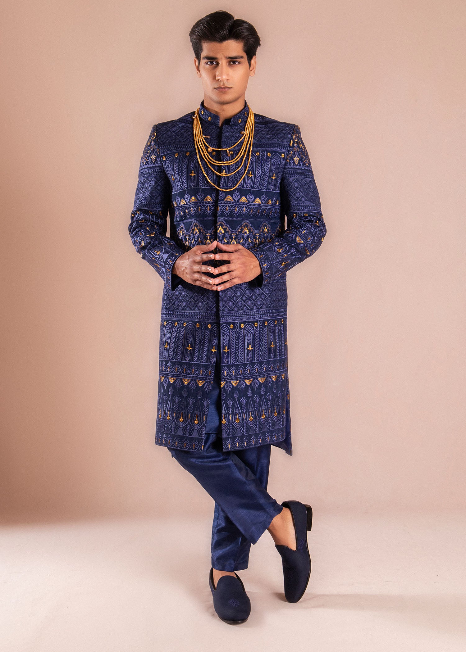 Deep Blue Golden Tilaa Silk Sherwani (2-Piece) - Image 3