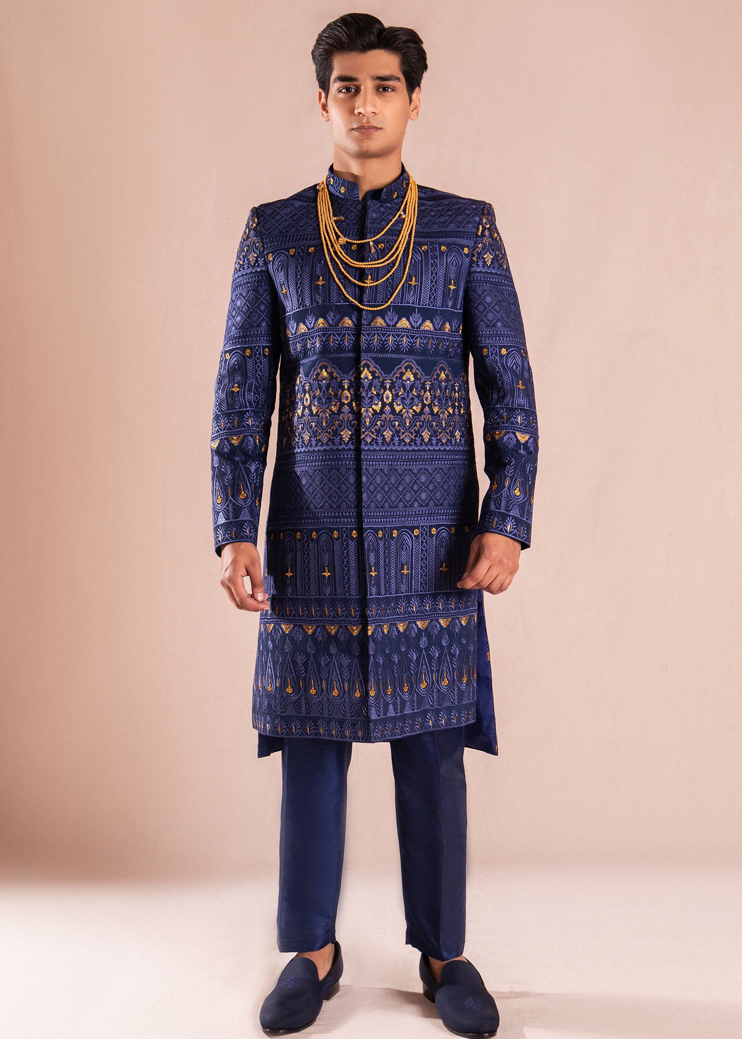 Deep Blue Golden Tilaa Silk Sherwani (2-Piece) - Image 6