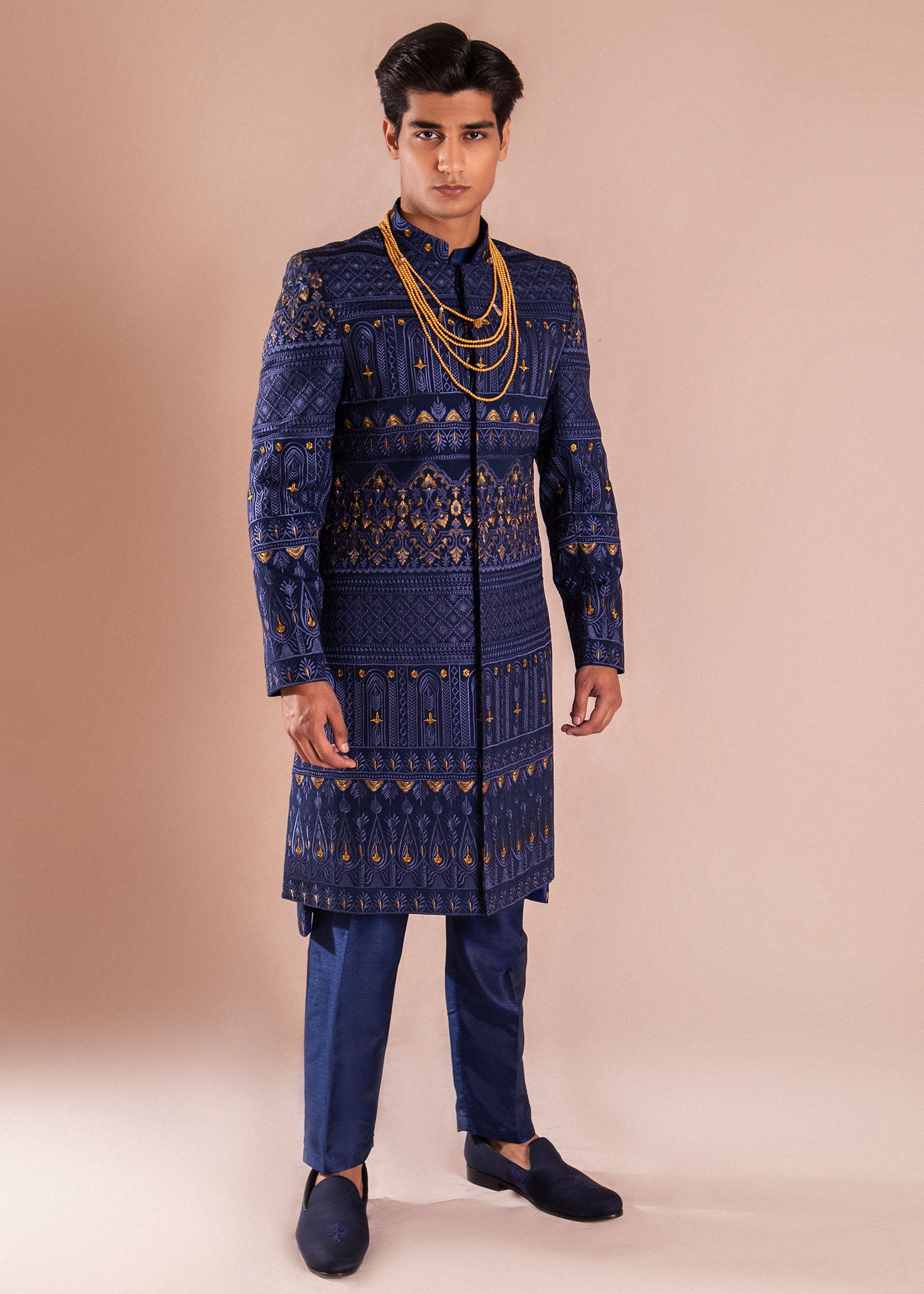 Deep Blue Golden Tilaa Silk Sherwani (2-Piece) - Image 1