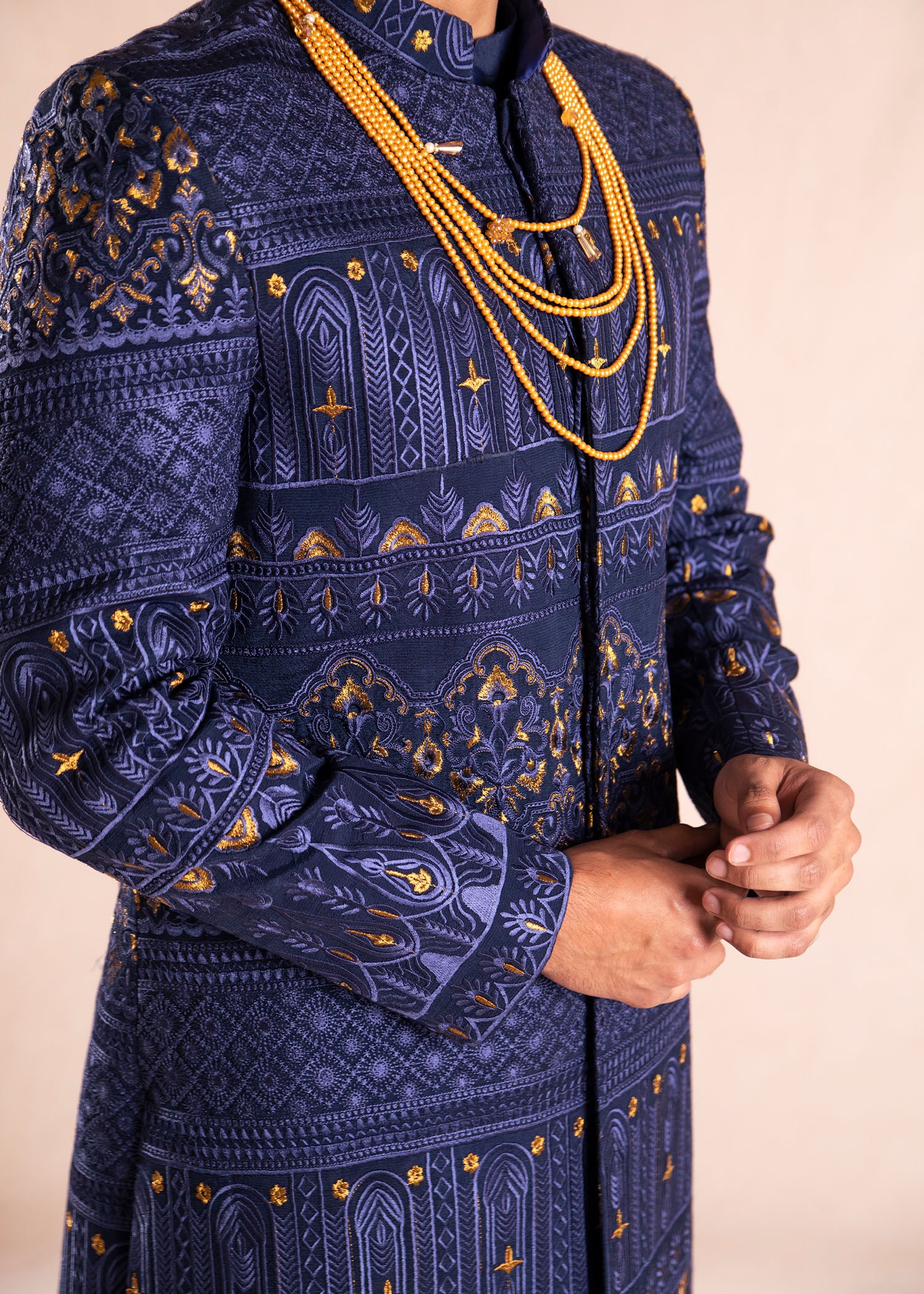 Deep Blue Golden Tilaa Silk Sherwani (2-Piece) - Image 4