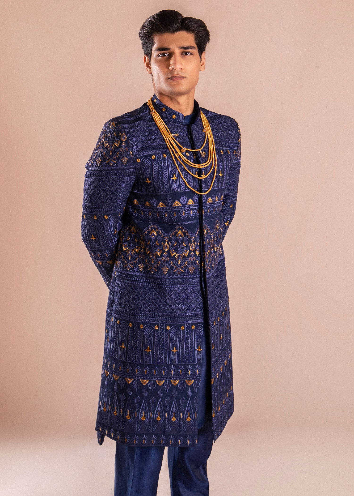 Deep Blue Golden Tilaa Silk Sherwani (2-Piece) - Image 5