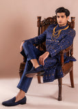 Deep Blue Golden Tilaa Embroidered Silk Sherwani (2-Piece) - Image 2