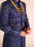 Deep Blue Golden Tilaa Embroidered Silk Sherwani (2-Piece) - Image 4