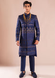Deep Blue Golden Tilaa Embroidered Silk Sherwani (2-Piece) - Image 6