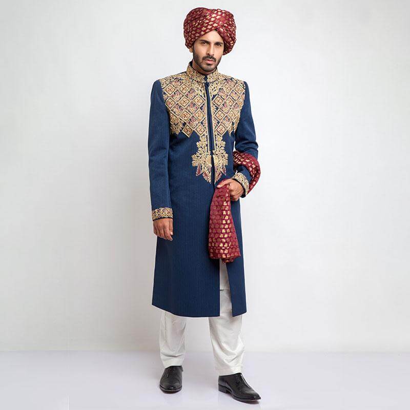 Royal Blue Zardozi 130 Suiting Groom Sherwani (4-Piece) - Image 1