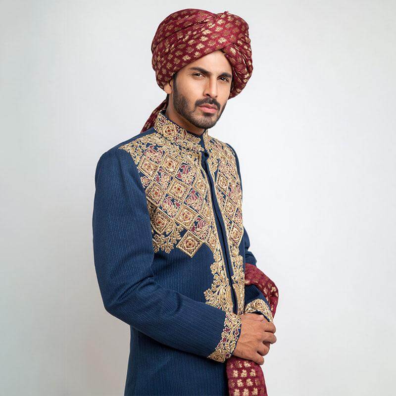 Royal Blue Zardozi 130 Suiting Groom Sherwani (4-Piece) - Image 2