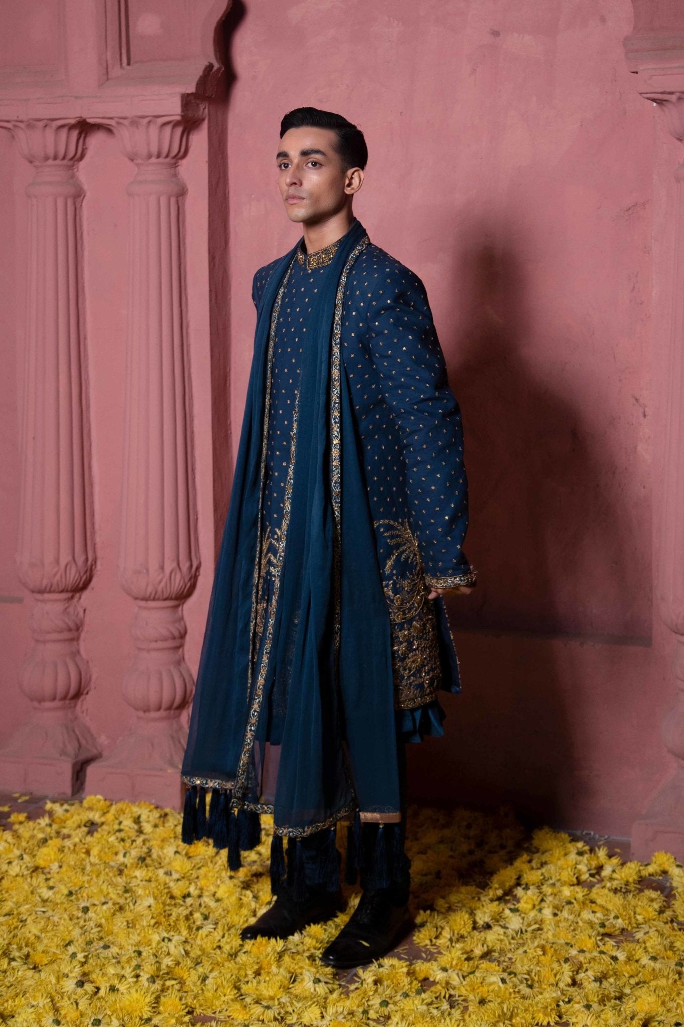 Deep Blue Gold Zardozi Tropical Fabric Groom Sherwani (3-Piece) - Image 10