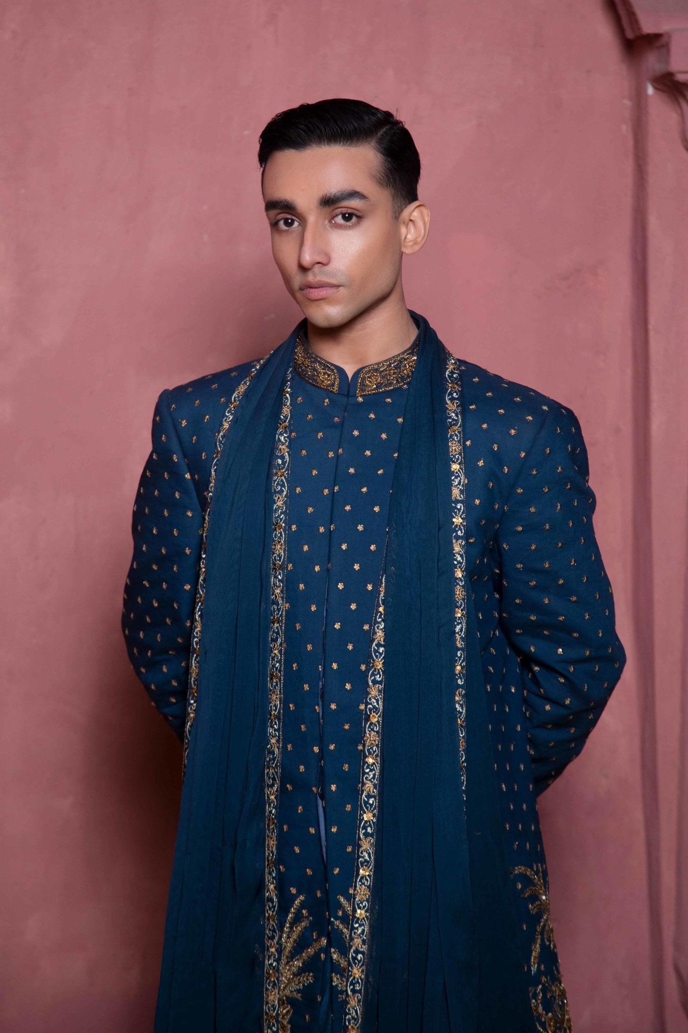 Deep Blue Gold Zardozi Tropical Fabric Groom Sherwani (3-Piece) - Image 11