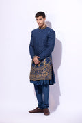 Deep Blue Gold Zardozi Tropical Fabric Groom Sherwani (3-Piece) - Image 2