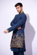 Deep Blue Gold Zardozi Tropical Fabric Groom Sherwani (3-Piece) - Image 3