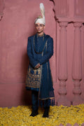 Deep Blue Gold Zardozi Tropical Fabric Groom Sherwani (3-Piece) - Image 8