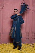 Deep Blue Gold Zardozi Tropical Fabric Groom Sherwani (3-Piece) - Image 9