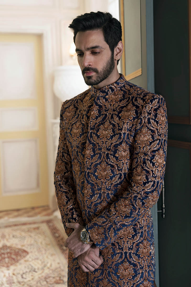 Blue Damask Hand-Embroidered Velour Sherwani (2-Piece) - Image 1