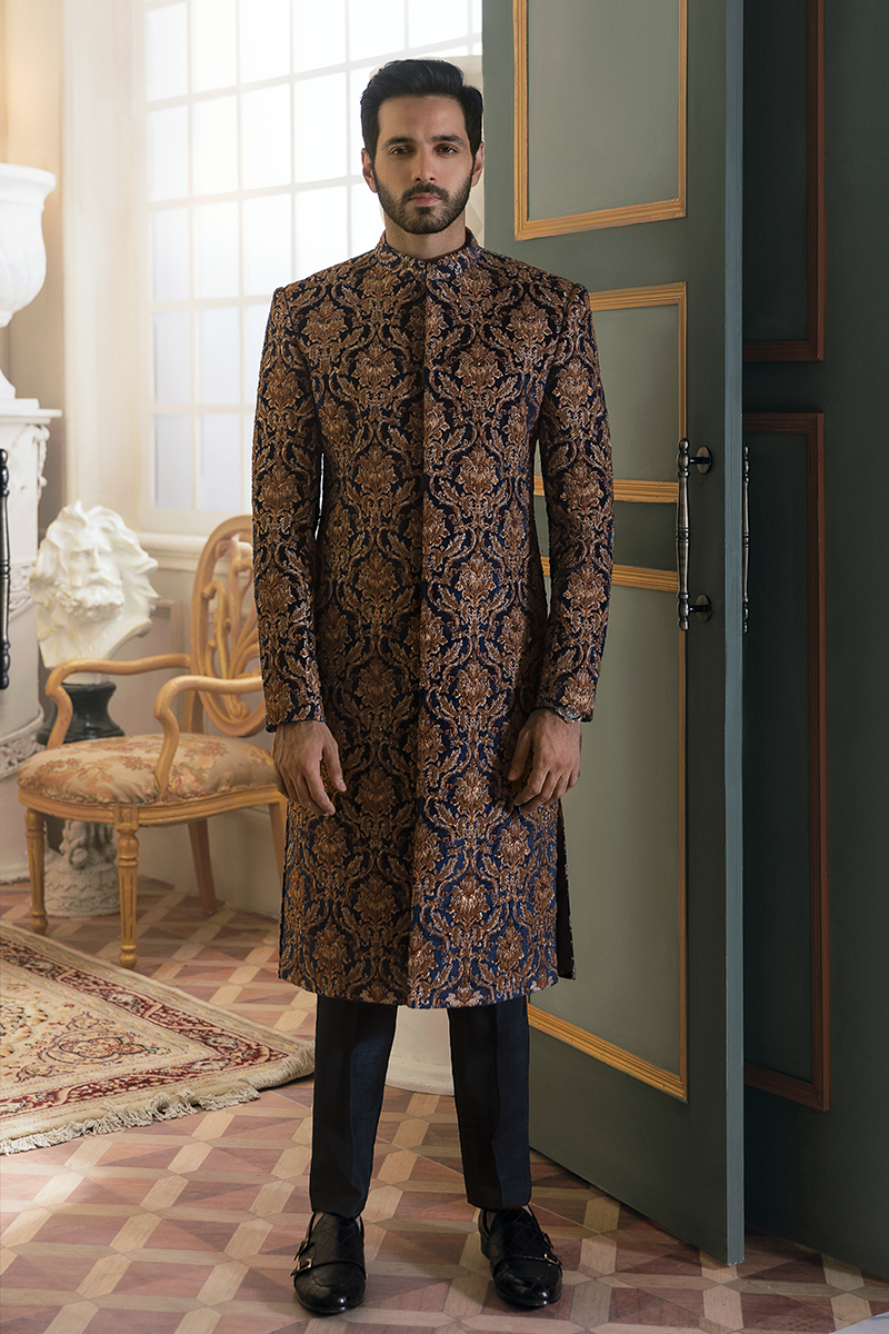 Blue Damask Hand-Embroidered Velour Sherwani (2-Piece) - Image 2