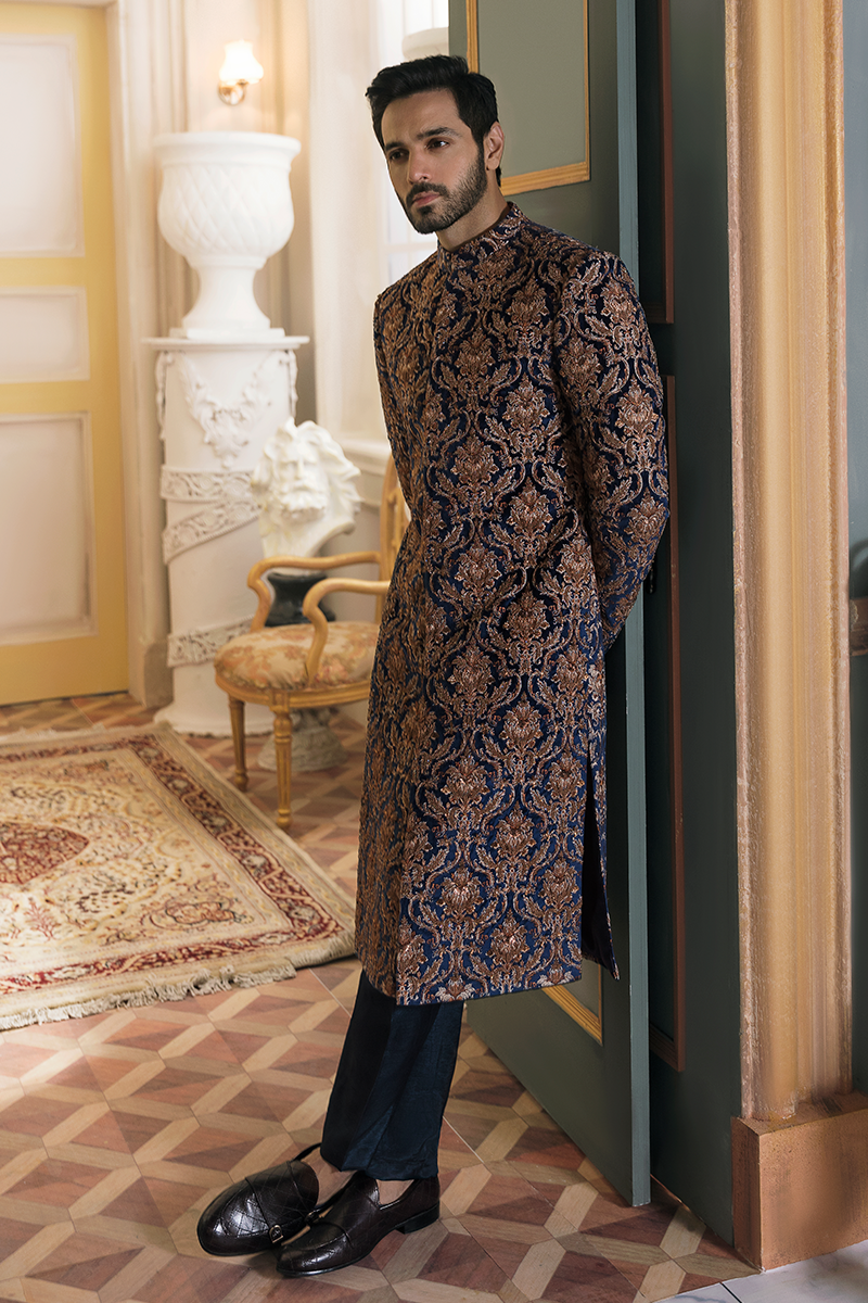 Blue Damask Hand-Embroidered Velour Sherwani (2-Piece) - Image 3