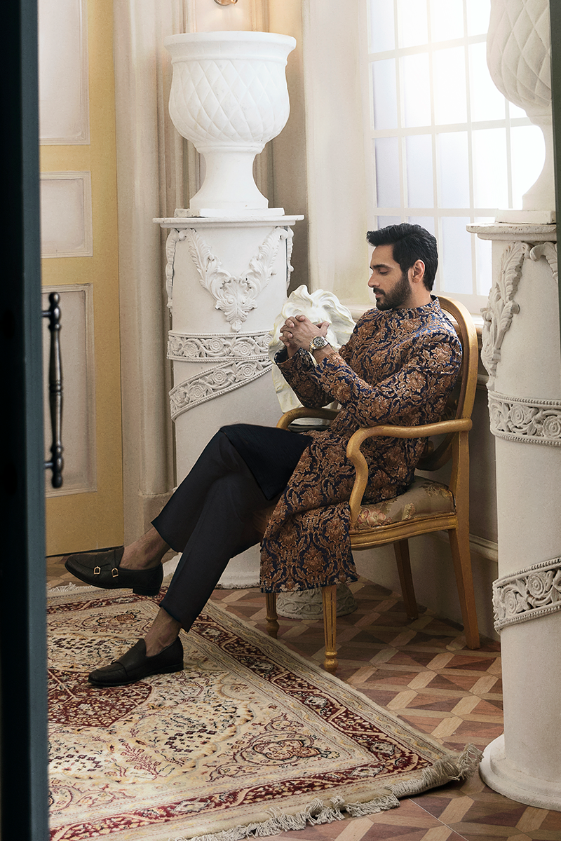 Blue Damask Hand-Embroidered Velour Sherwani (2-Piece) - Image 4