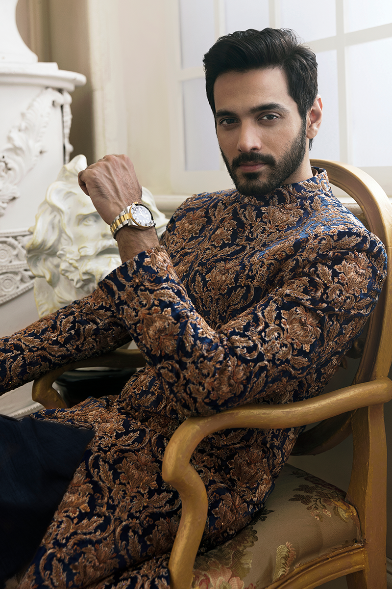 Blue Damask Hand-Embroidered Velour Sherwani (2-Piece) - Image 5