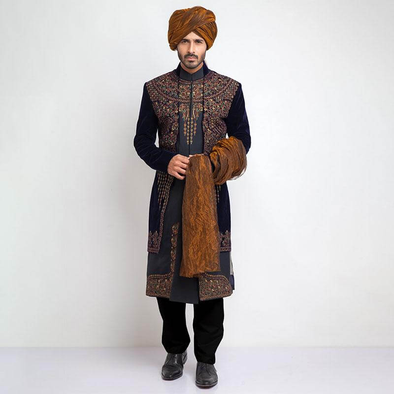 Midnight Blue Embroidered Velvet Groom Sherwani (3-Piece) - Image 1