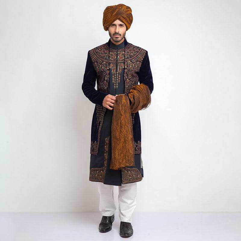 Midnight Blue Embroidered Velvet Groom Sherwani (3-Piece) - Image 2