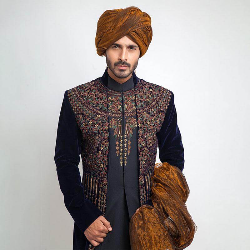 Midnight Blue Embroidered Velvet Groom Sherwani (3-Piece) - Image 3