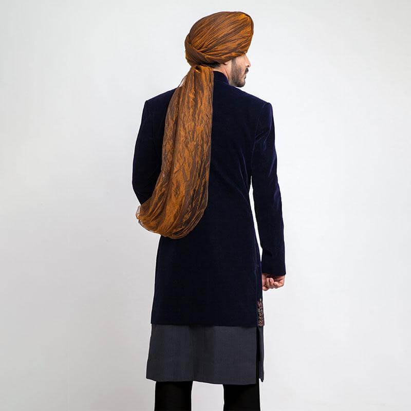 Midnight Blue Embroidered Velvet Groom Sherwani (3-Piece) - Image 4
