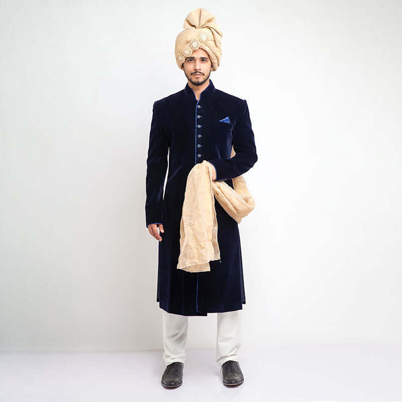 Midnight Blue Zardozi Velvet Groom Sherwani (5-Piece) - Image 1