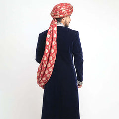 Midnight Blue Zardozi Velvet Groom Sherwani (4-Piece) - Image 5