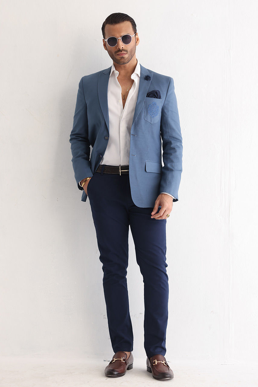 Wedgewood Blue Embroidered Cotton Lilian Blazer (3-Piece) - Image 1