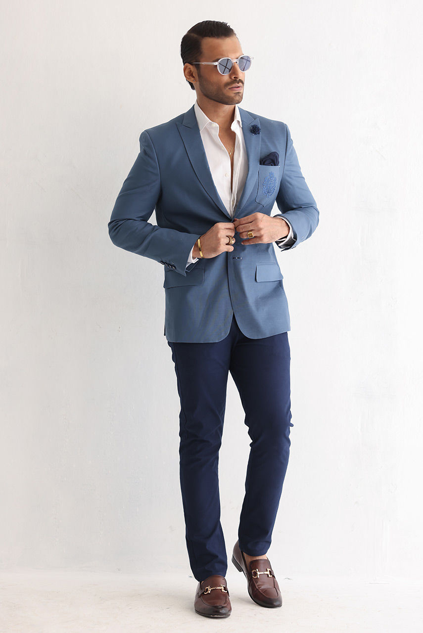 Wedgewood Blue Embroidered Cotton Lilian Blazer (3-Piece) - Image 3