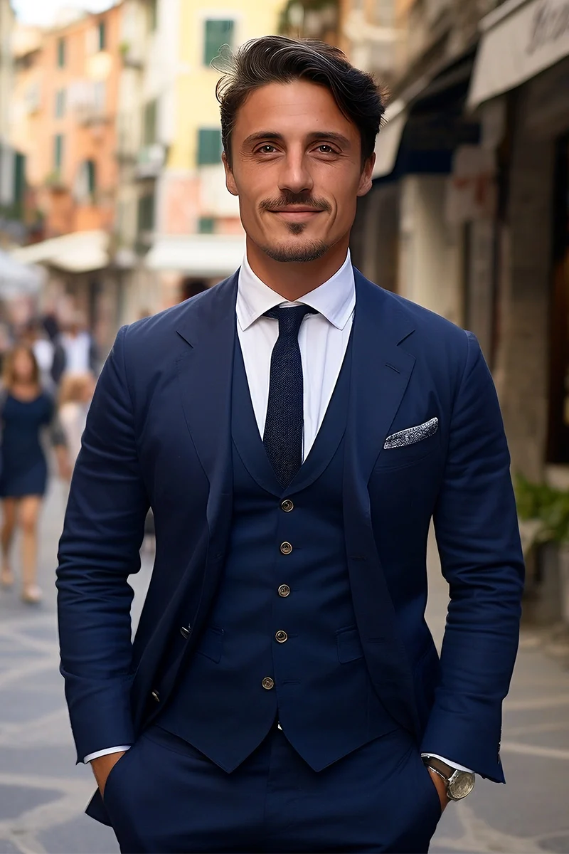 Blue Tailored Suiting Fabric 3-Piece Groom Suit - Image 2