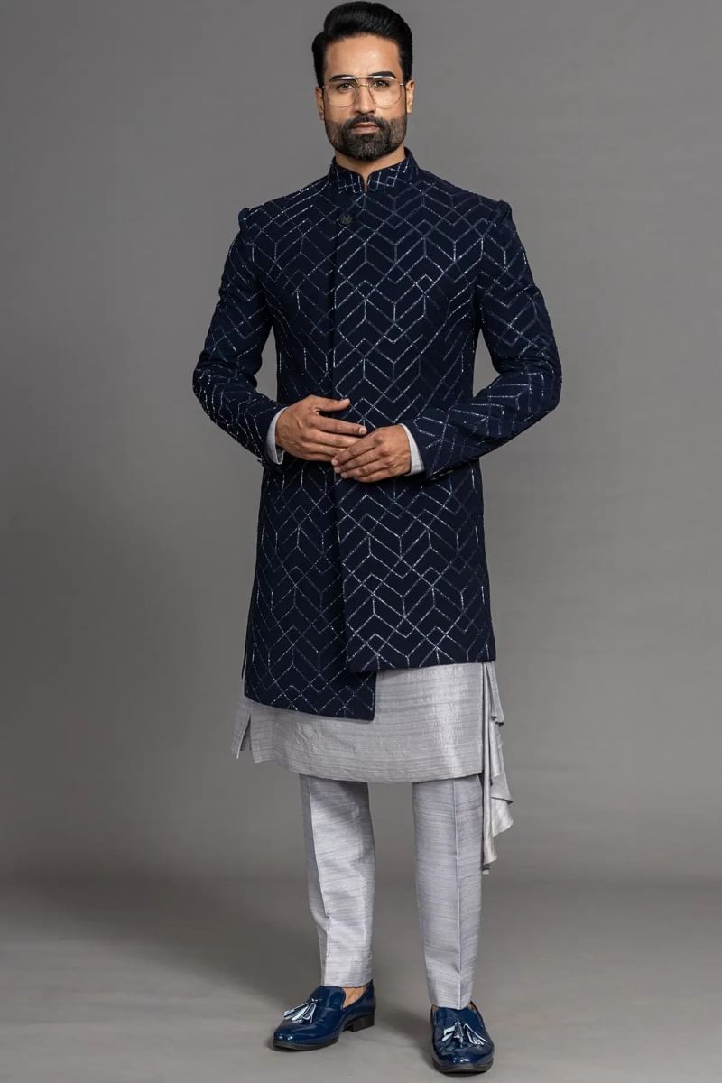 Midnight Blue Cutdana Resham Italian Sherwani (3-Piece) - Image 1