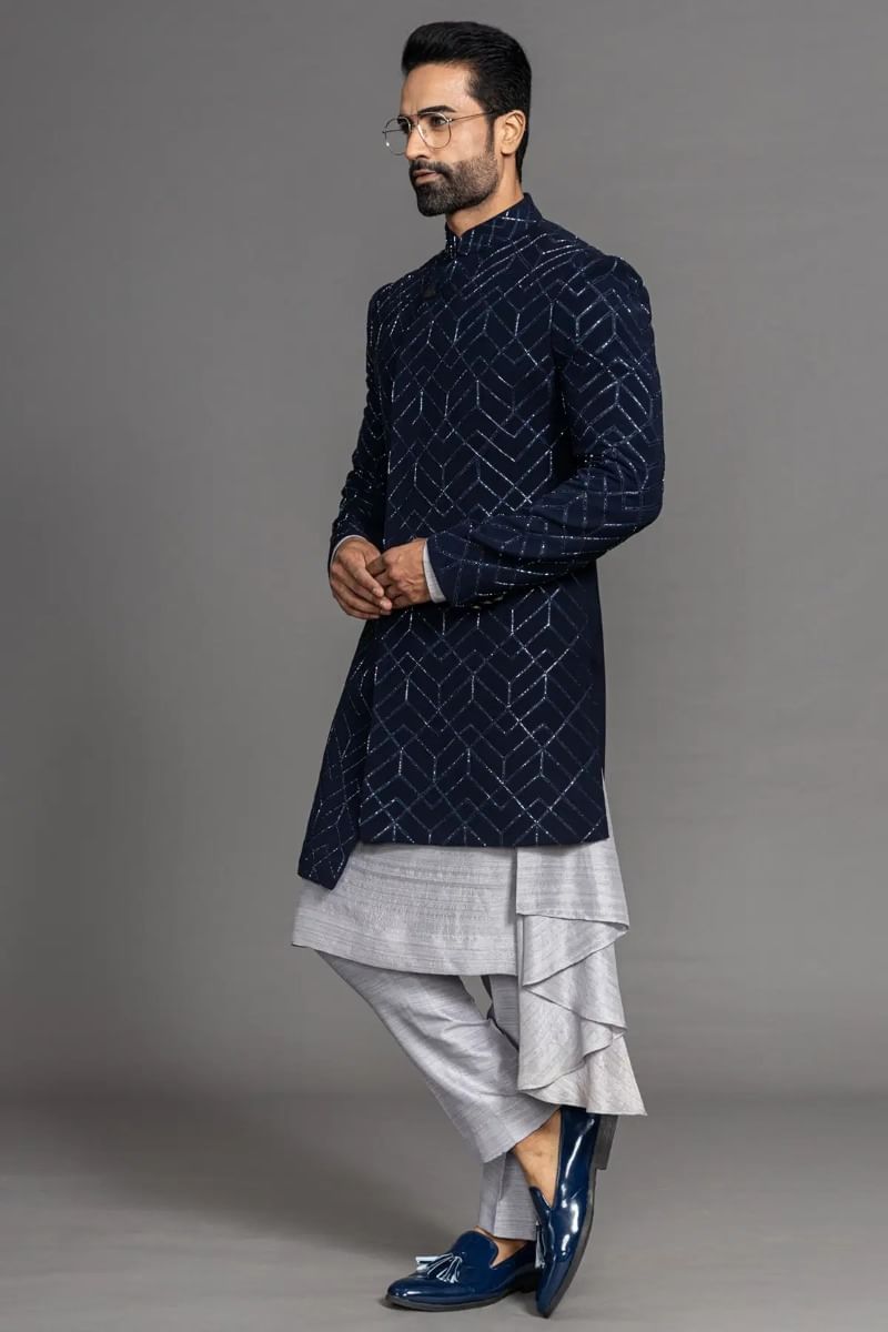 Midnight Blue Cutdana Resham Italian Sherwani (3-Piece) - Image 4