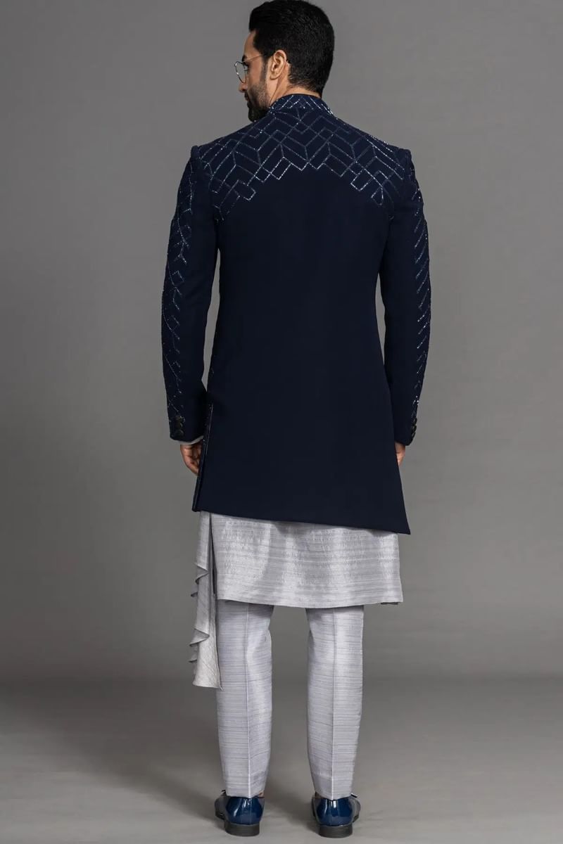 Midnight Blue Cutdana Resham Italian Sherwani (3-Piece) - Image 5