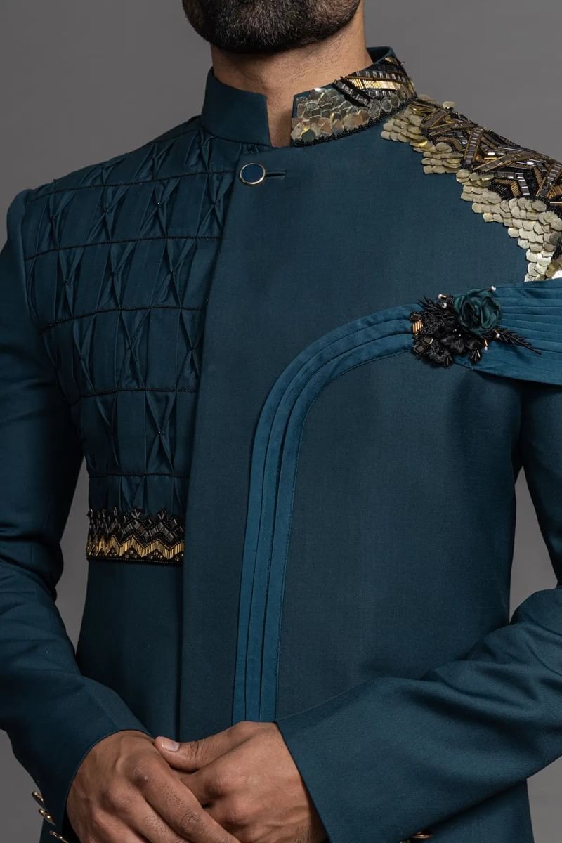 Dark Peacock Blue Sequined Italian Sherwani (2-Piece) - Image 2