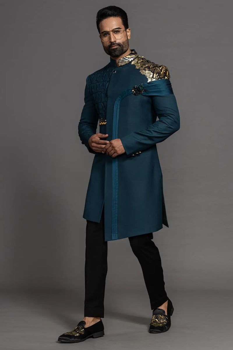 Dark Peacock Blue Sequined Italian Sherwani (2-Piece) - Image 3