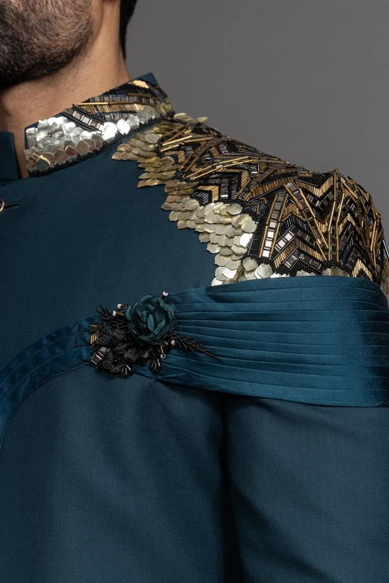 Dark Peacock Blue Sequined Italian Sherwani (2-Piece) - Image 4