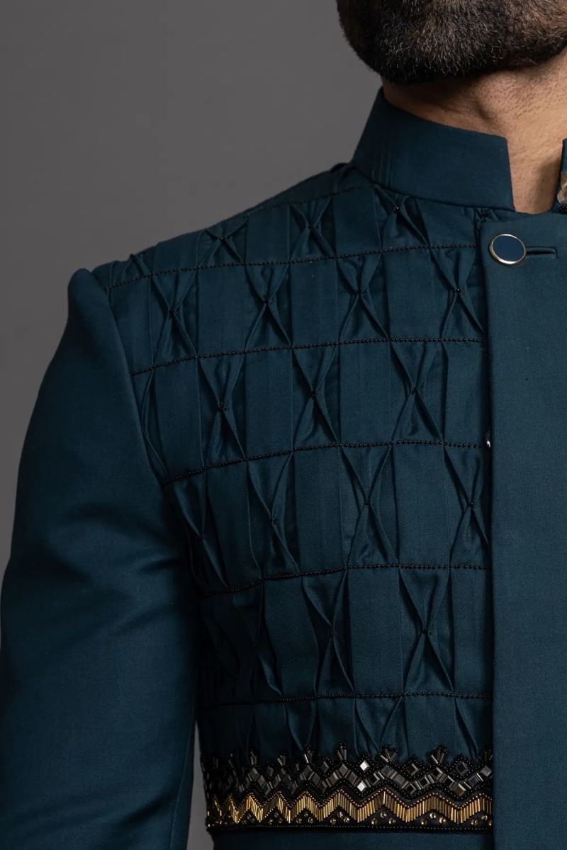 Dark Peacock Blue Sequined Italian Sherwani (2-Piece) - Image 5