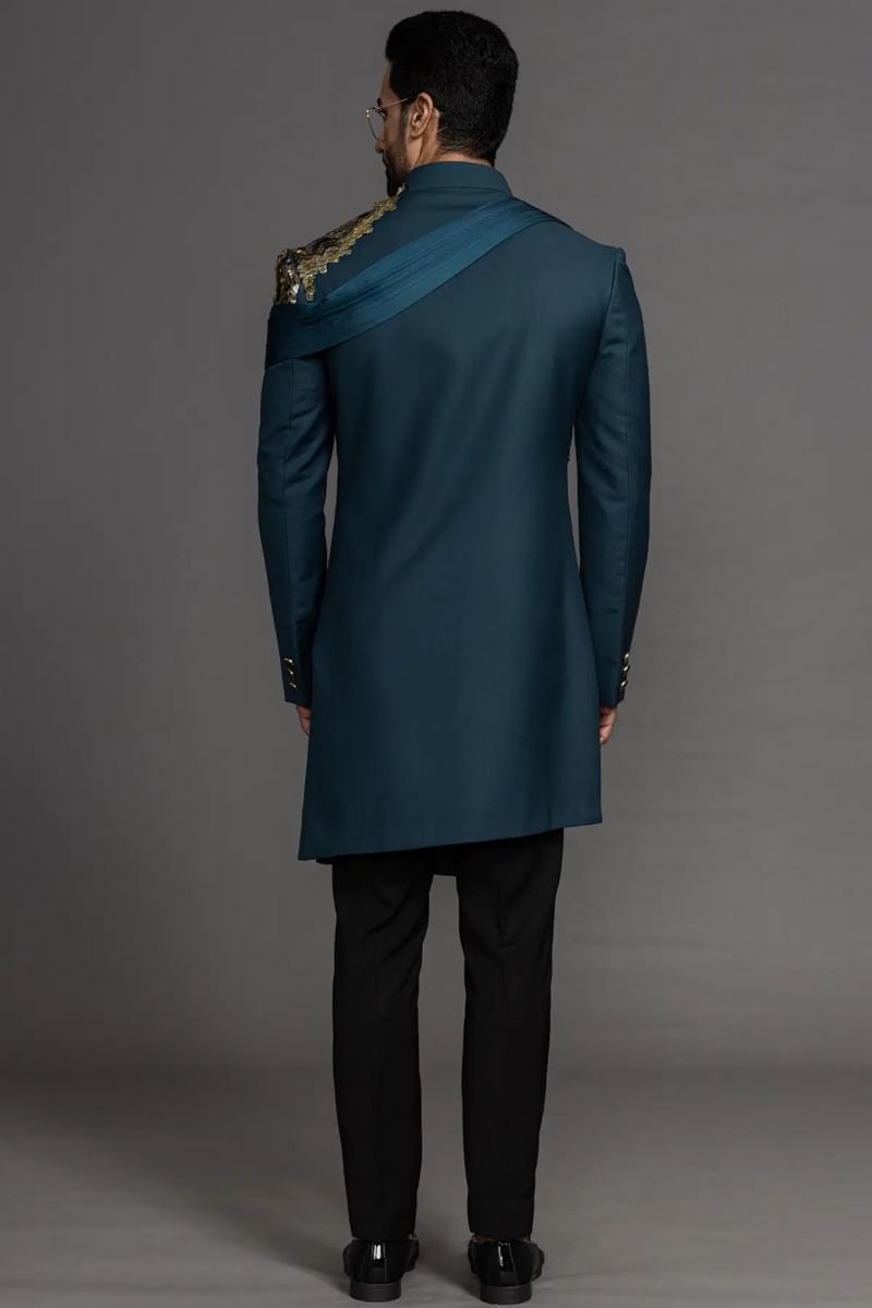 Dark Peacock Blue Sequined Italian Sherwani (2-Piece) - Image 6