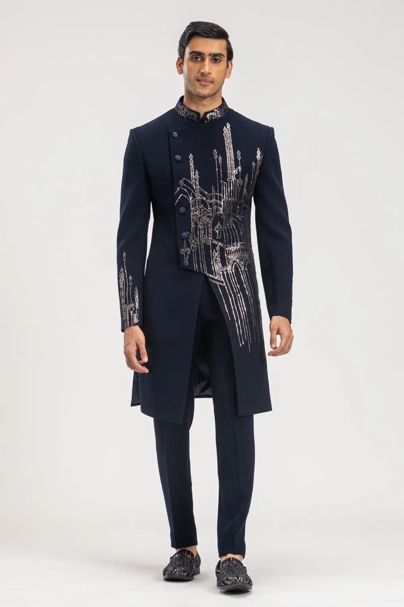 Dark Midnight Blue Kamdhani Italian Sherwani (2-Piece) - Image 1