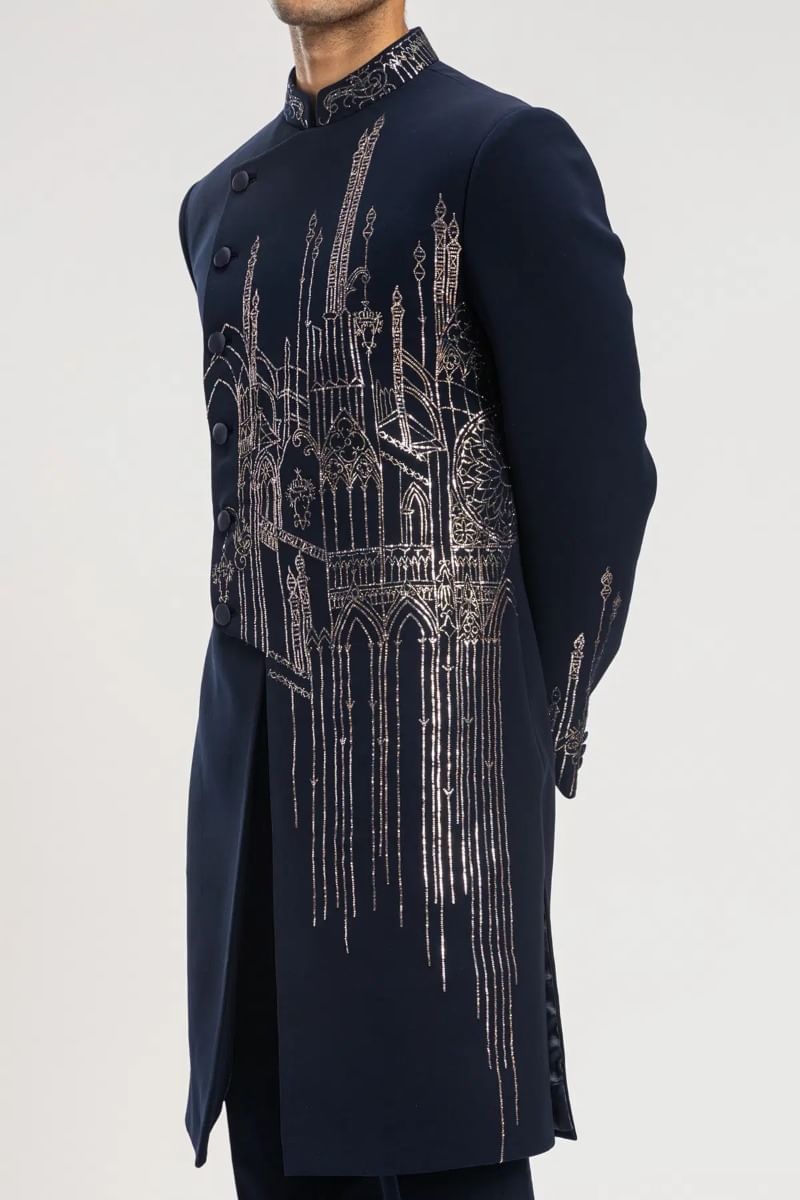 Dark Midnight Blue Kamdhani Italian Sherwani (2-Piece) - Image 2