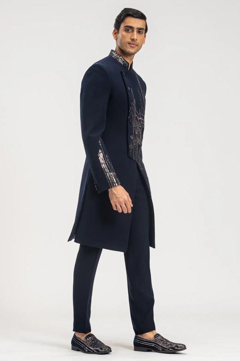 Dark Midnight Blue Kamdhani Italian Sherwani (2-Piece) - Image 3